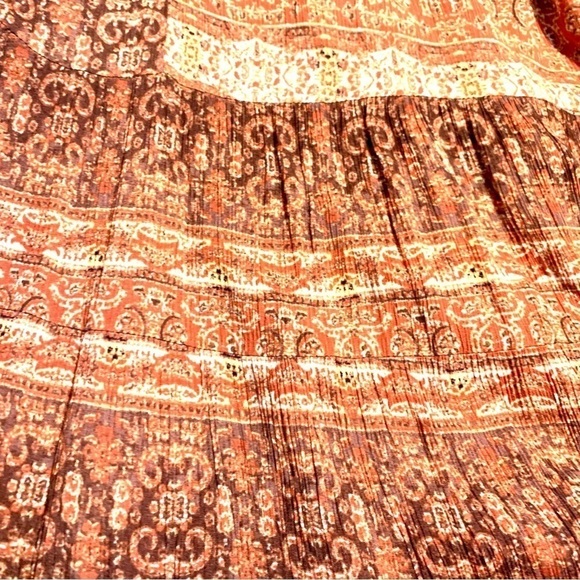 VICI Tunic Top Medium Orange Brown Rust 100% Rayon Long-Slvs Boho Flowy Smocked - Picture 12 of 16
